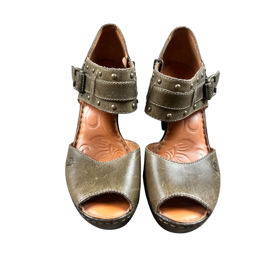 Born Womens Olive Green Leather Studded Platform Peep Toe Heels Size 9 - Picture 2 of 8